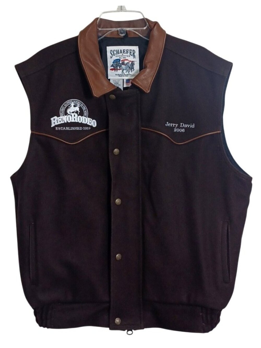 Vintage 2006 Jerry David Reno Rodeo Western Wool Leather Vest XL Brown Schaefer